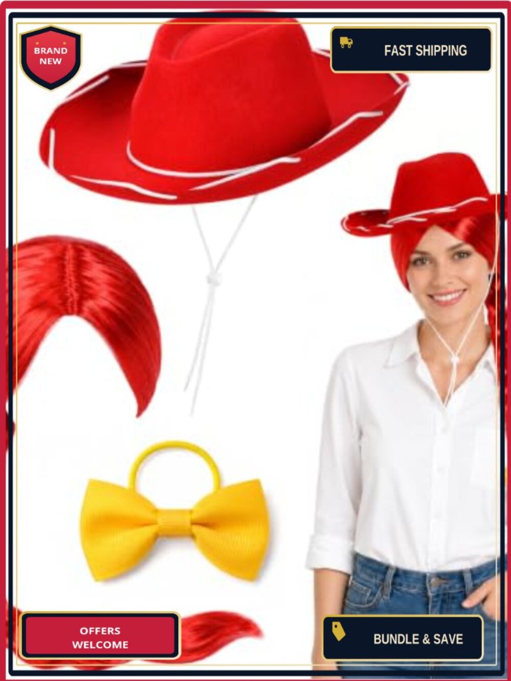 Cowgirl Costume Set Felt Hat Wig Hair Bow Western Dress Up Halloween